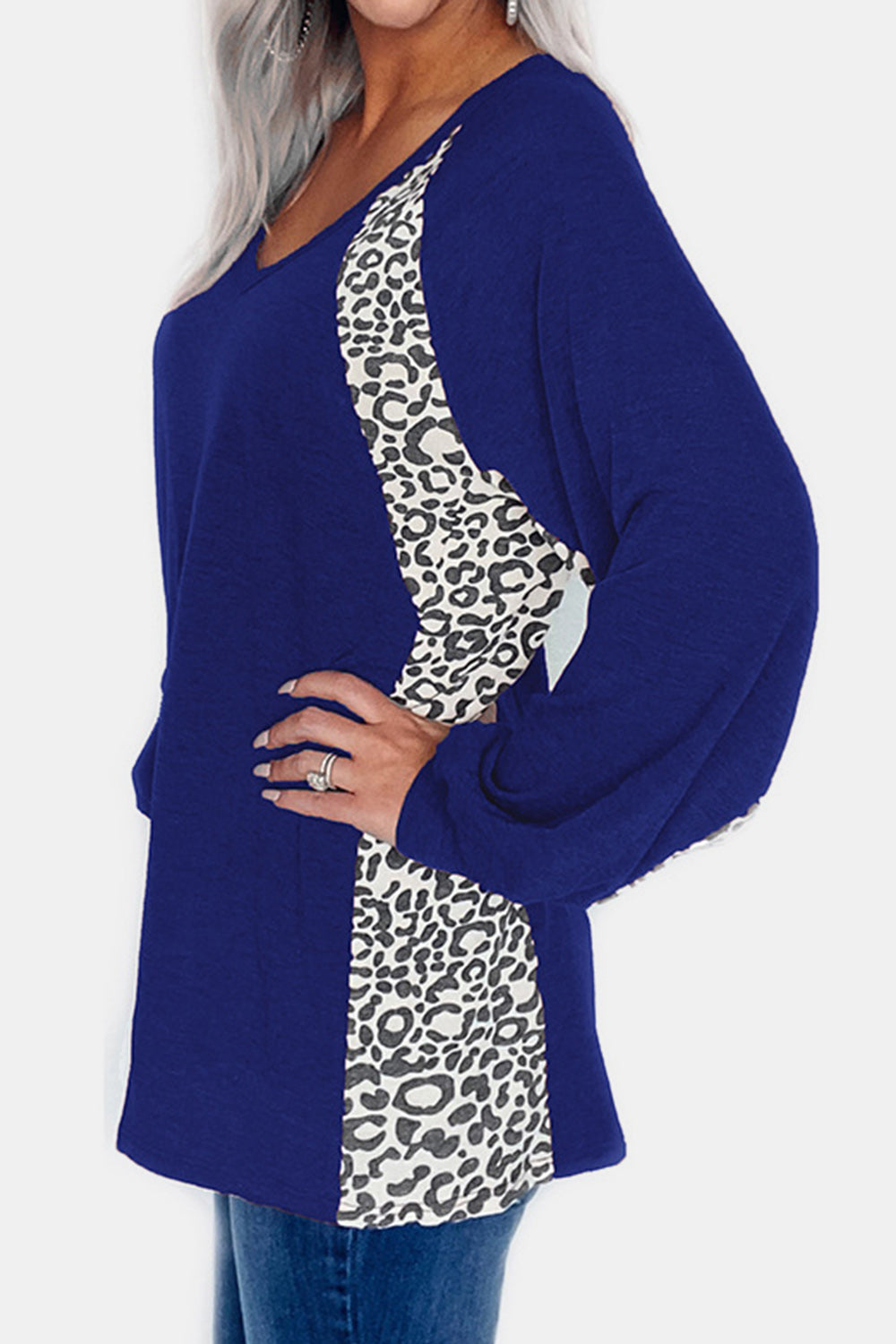 Full Size Leopard V-Neck Long Sleeve T-Shirt-Angel Casuals