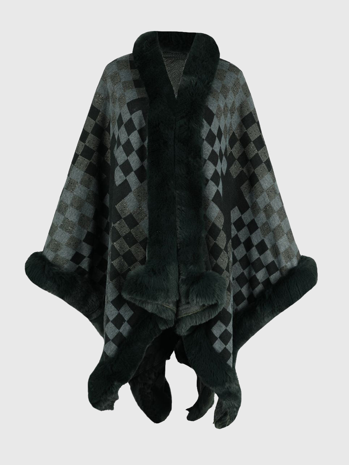 Checkered Faux Fur Trim Poncho-Angel Casuals