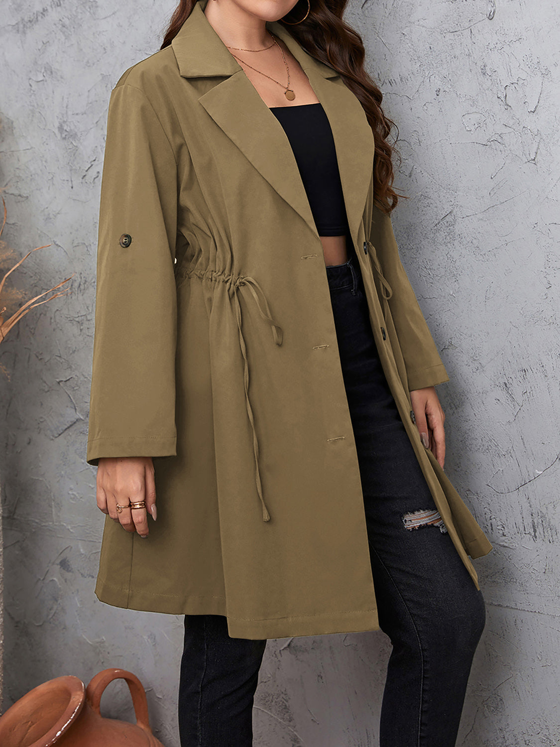 Honey Plus Size Lapel Collar Drawstring Roll-Tab Sleeve Trench Coat-Angel Casuals