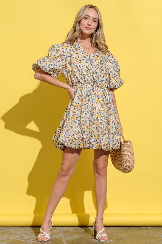 And The Why Full Size Floral Surplice Puff Sleeve Dress-Angel Casuals