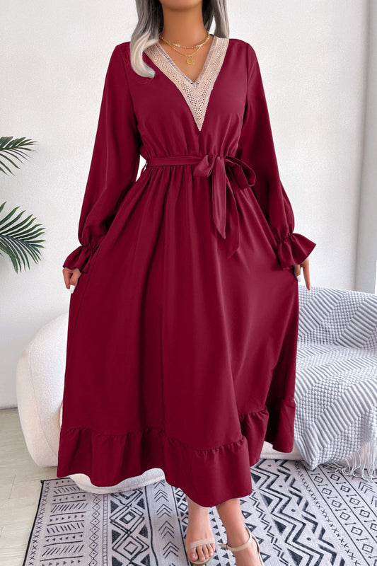 Contrast Belted Flounce Sleeve Dress-Angel Casuals