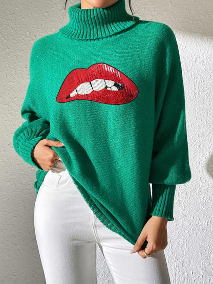 Lip Turtleneck Long Sleeve Sweater-Angel Casuals