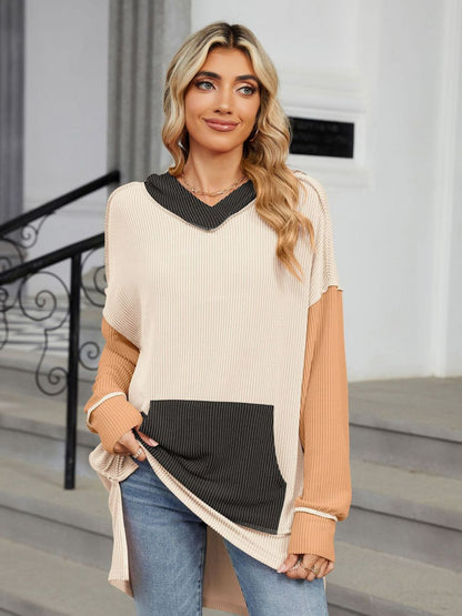 Double Take Contrast Hooded Long Sleeve Top-Angel Casuals