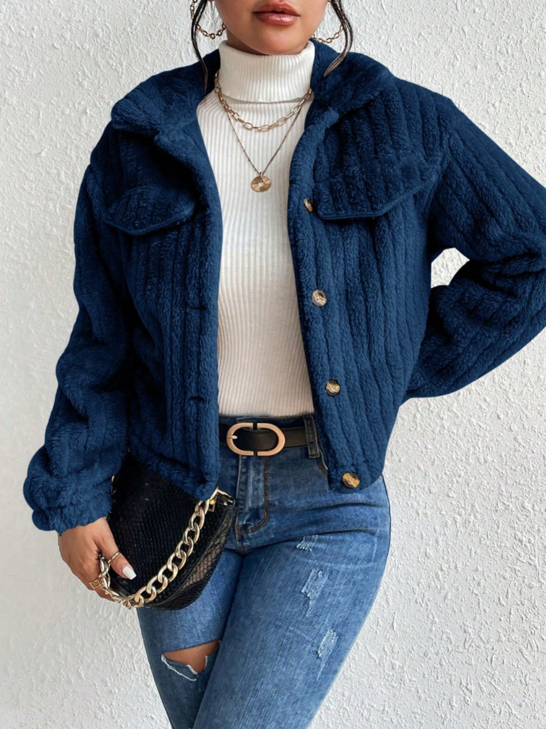Fuzzy Button Up Collared Neck Jacket-Angel Casuals