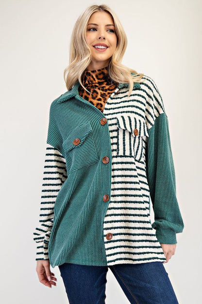 Celeste Full Size Striped Button Up Dropped Shoulder Shacket-Angel Casuals