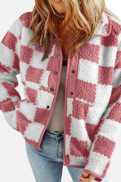 Checkered Snap Down Long Sleeve Teddy Jacket-Angel Casuals