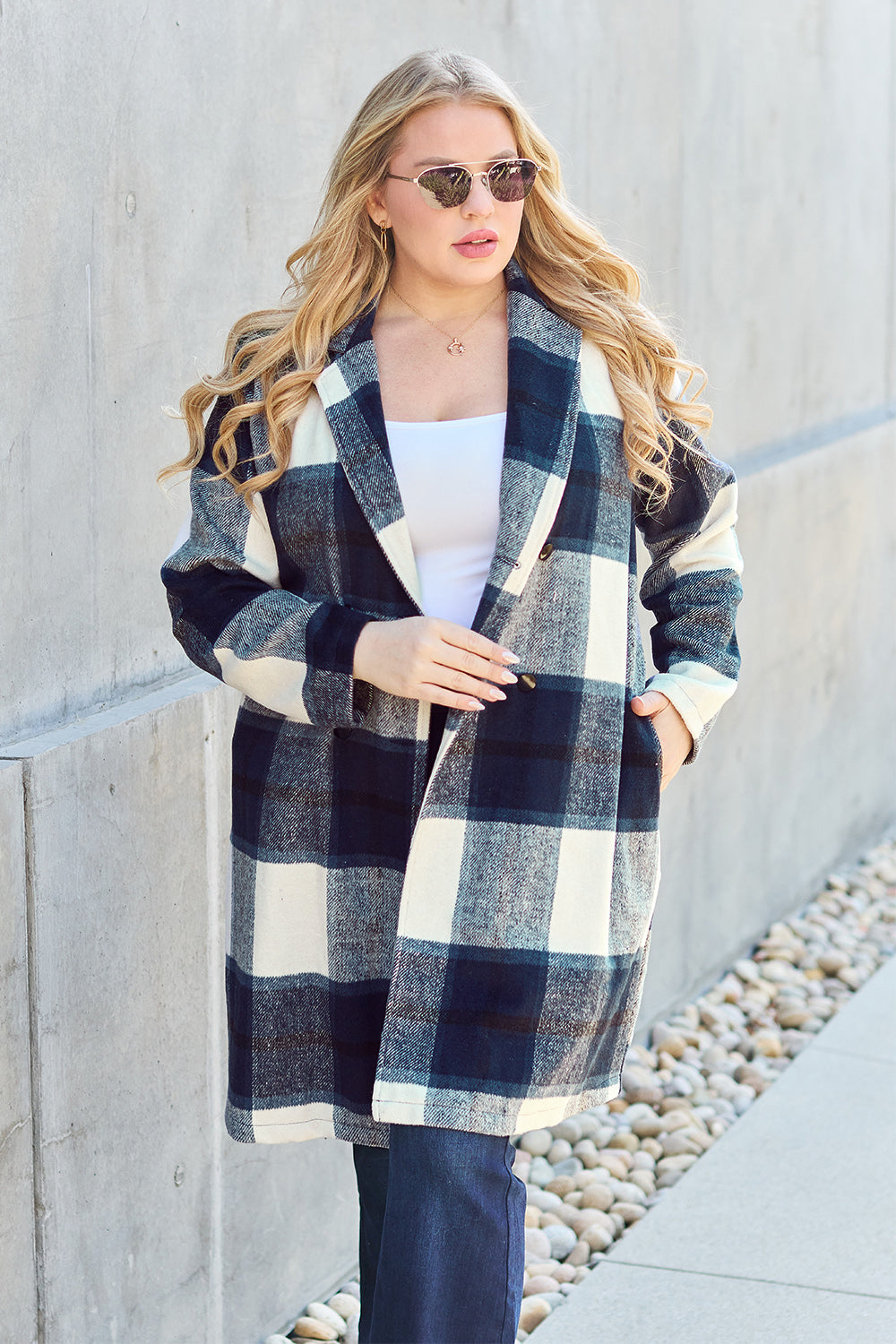 Double Take Full Size Plaid Button Up Lapel Collar Coat-Angel Casuals