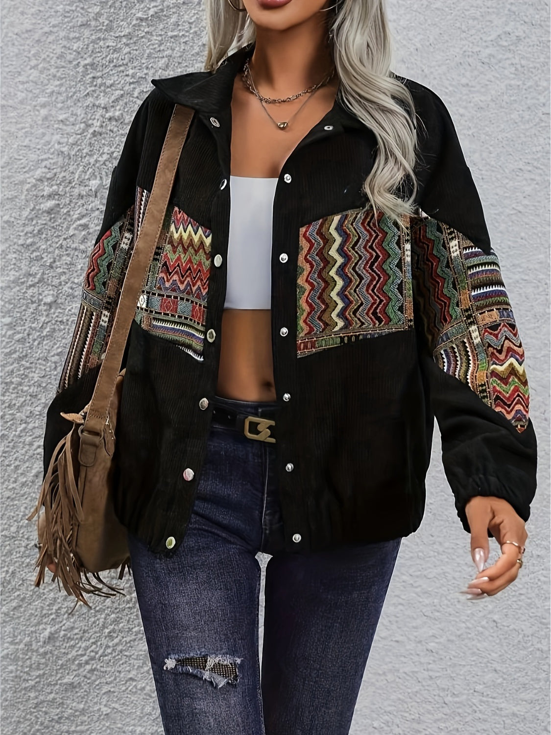 Embroidered Collared Neck Snap Down Jacket-Angel Casuals
