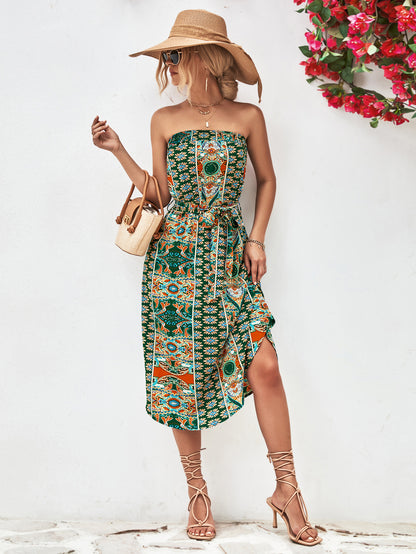 Printed Strapless Tie Belt Dress-Angel Casuals