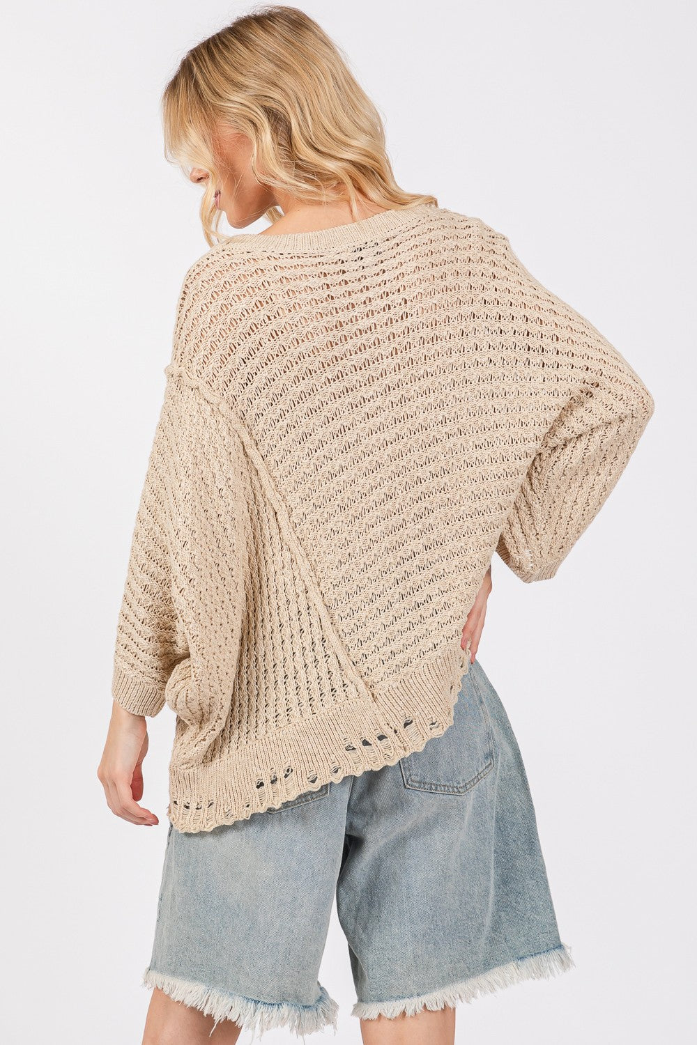 SAGE + FIG Distressed Asymmetrical Open Stitch Sweater-Angel Casuals