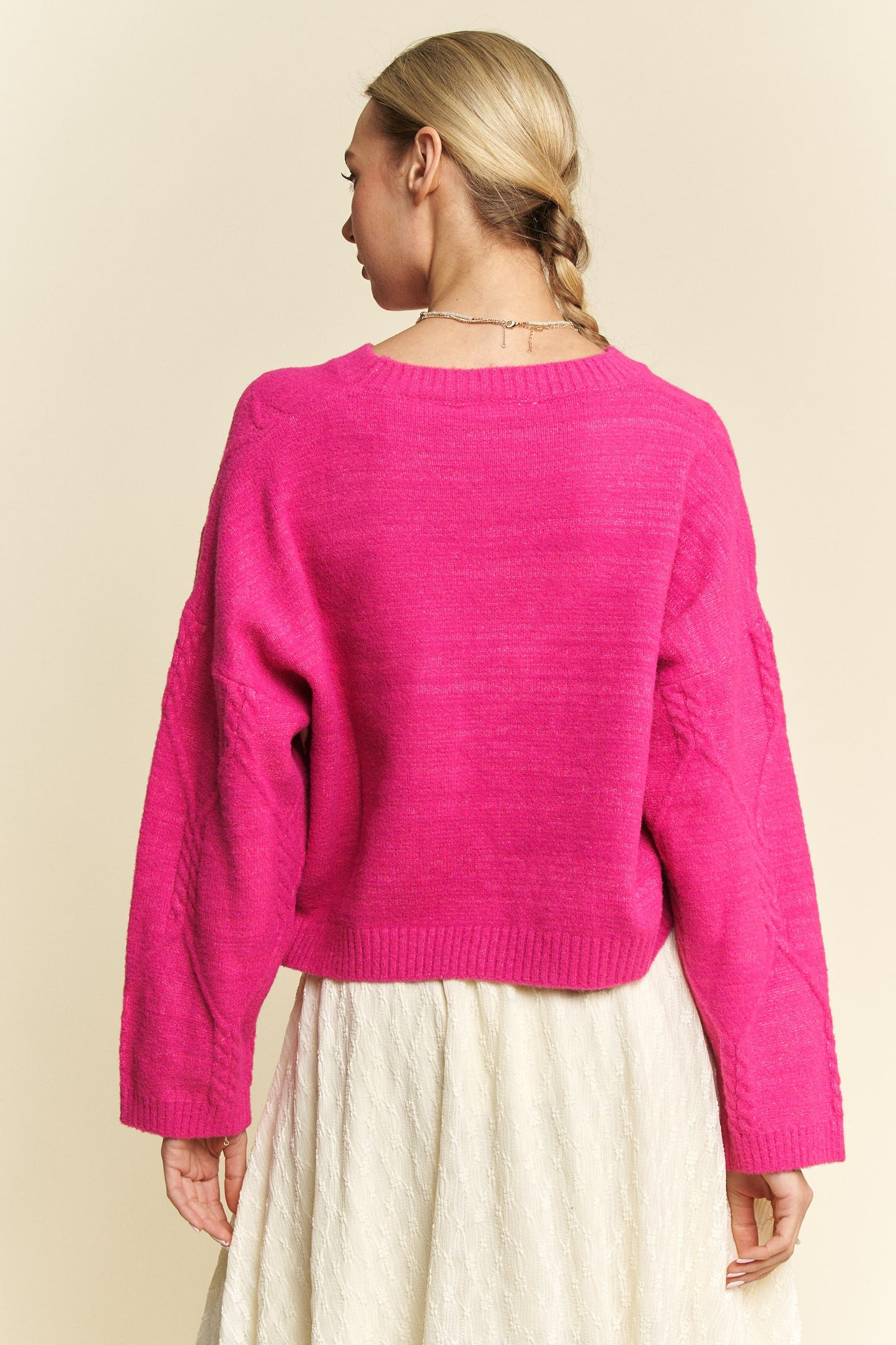 Davi & Dani Diamond Cable Pattern Drop Shoulder Sweater-Angel Casuals