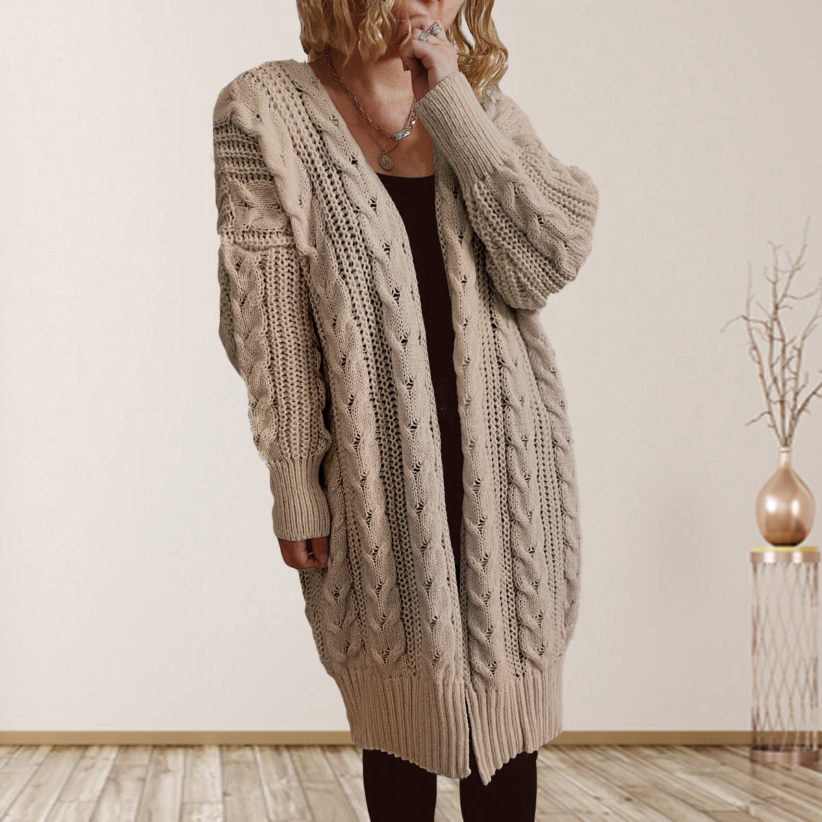Cable-Knit Open Front Dropped Shoulder Cardigan-Angel Casuals