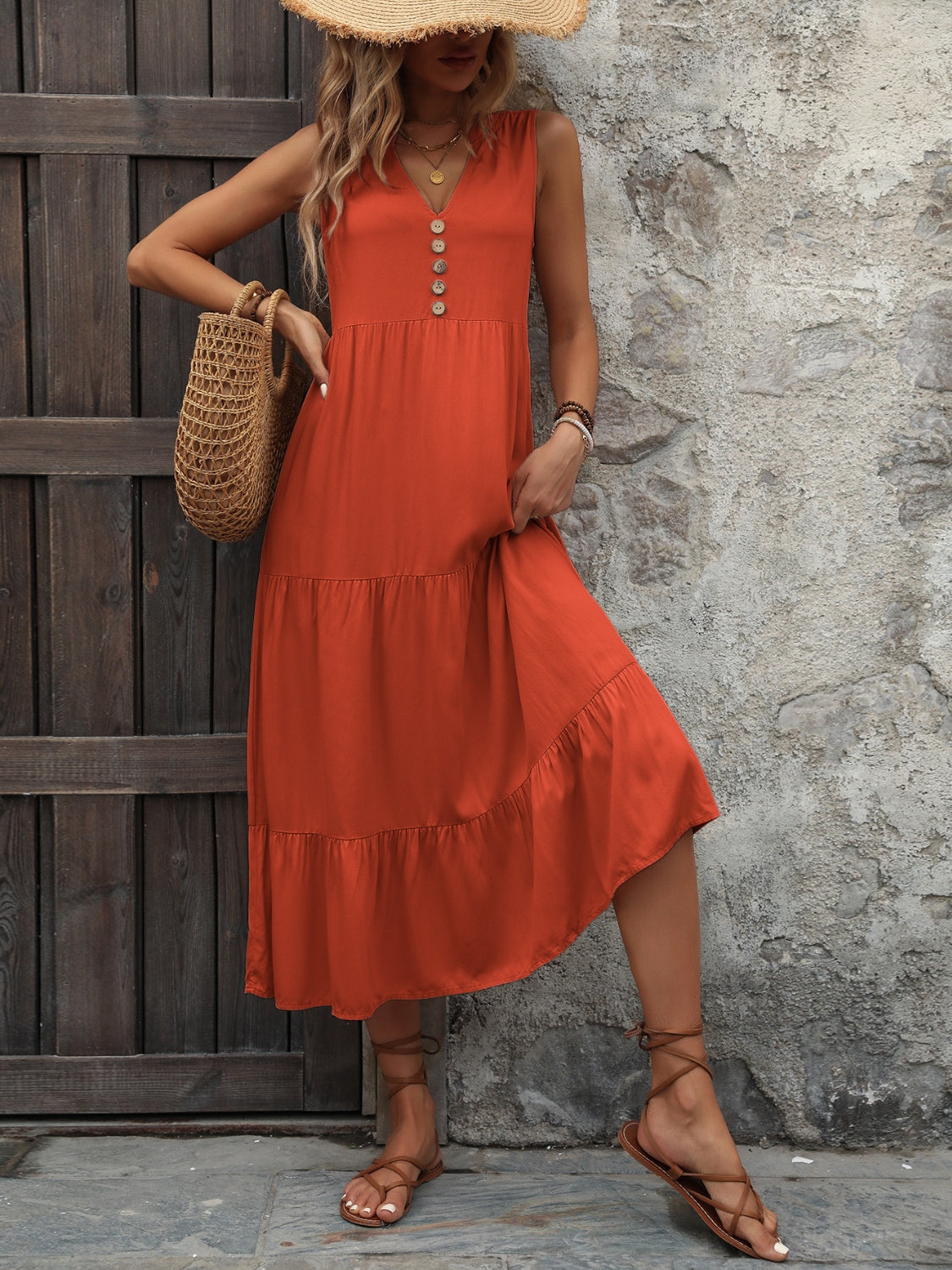 Decorative Button Notched Sleeveless Dress-Angel Casuals