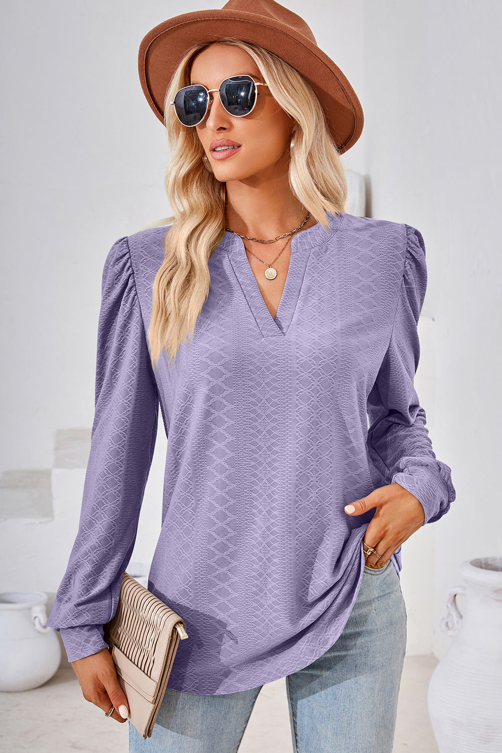 Ruched Notched Long Sleeve T-Shirt-Angel Casuals
