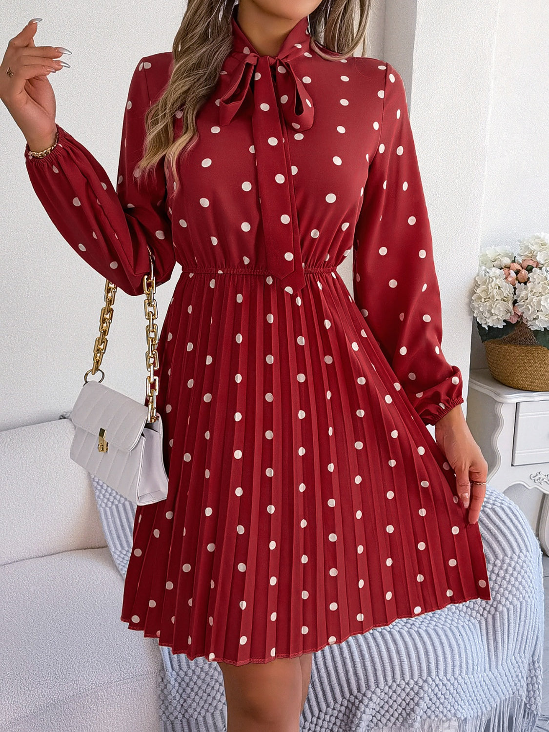 Polka Dot Tie Neck Pleated Dress-Angel Casuals