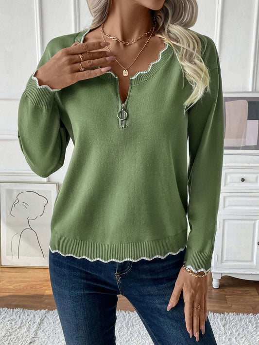 Contrast Trim Quarter Zip Long Sleeve Knit Top-Angel Casuals