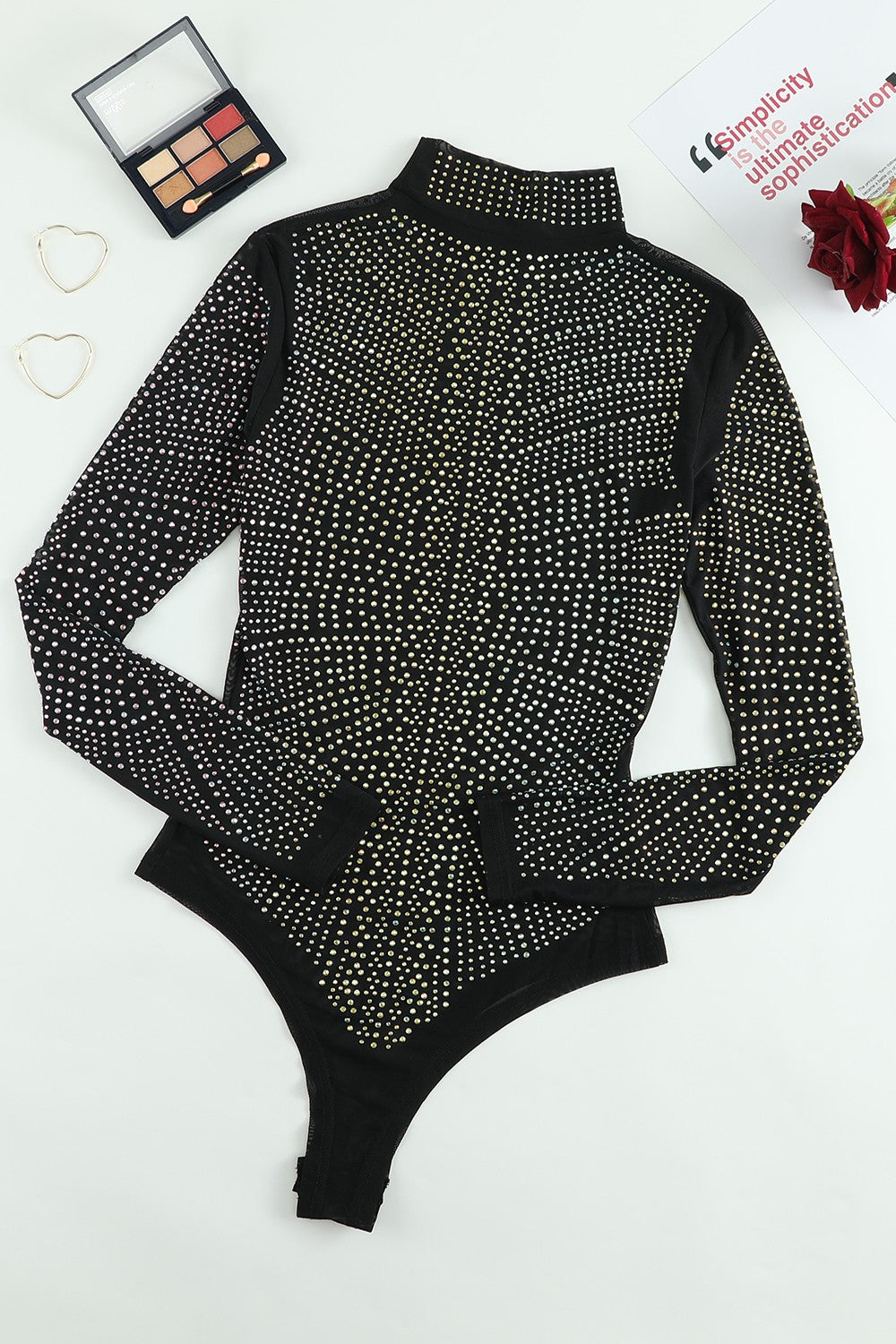 Rhinestone Mock Neck Long Sleeve Bodysuit-Angel Casuals