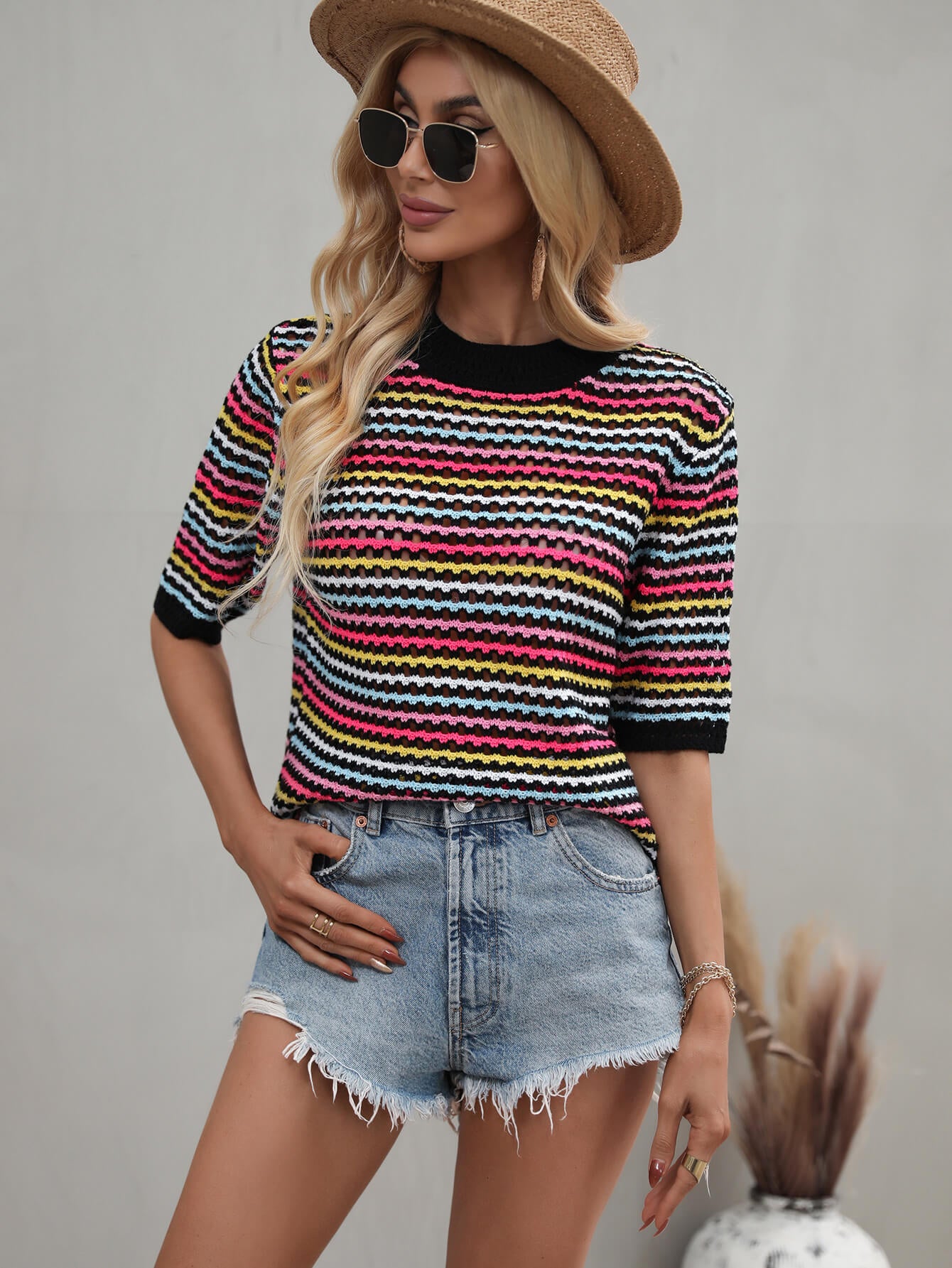 Striped Openwork Half Sleeve Knit Top-Angel Casuals