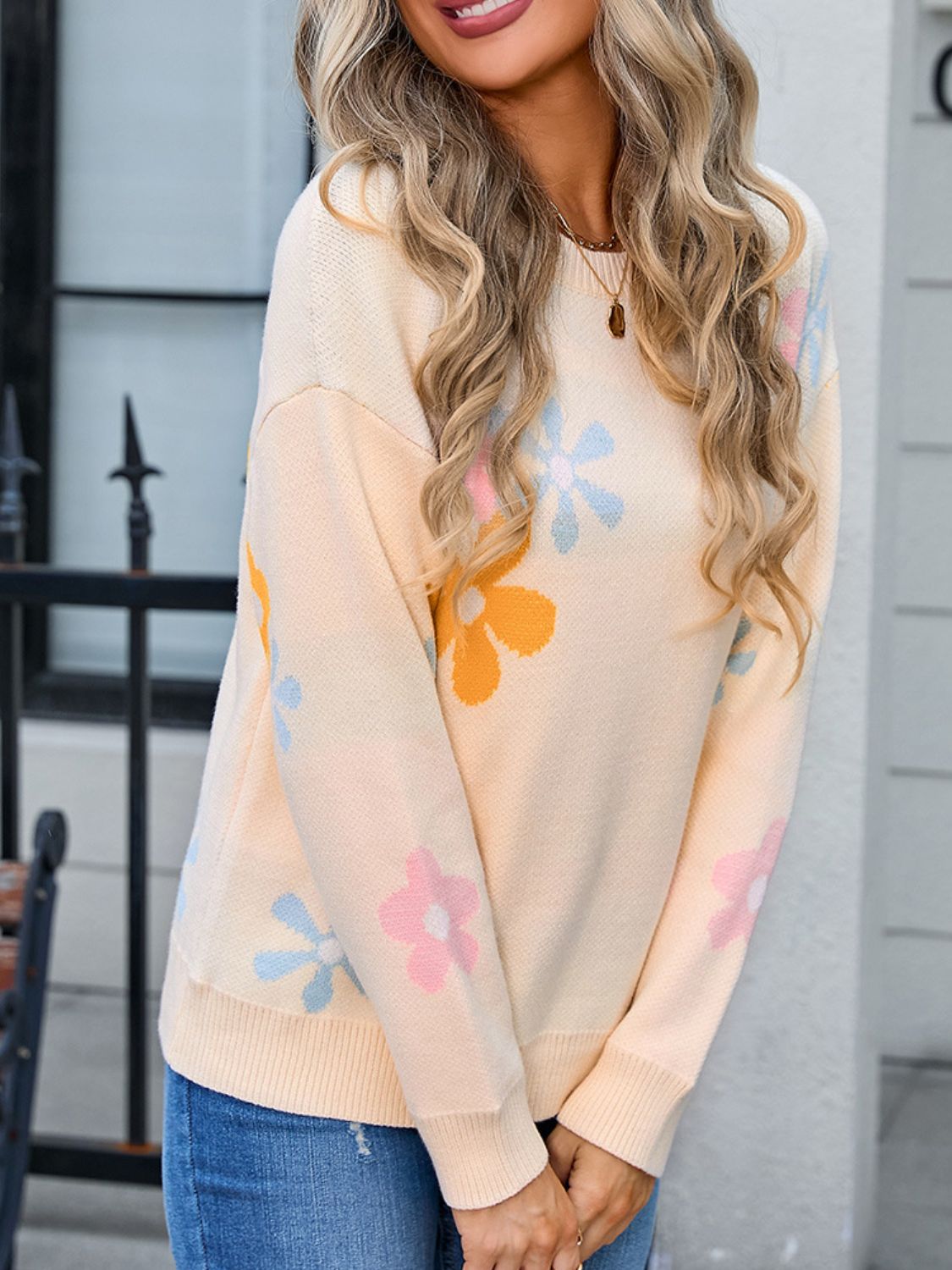 Angel Wings Flower Round Neck Dropped Shoulder Sweater-Angel Casuals