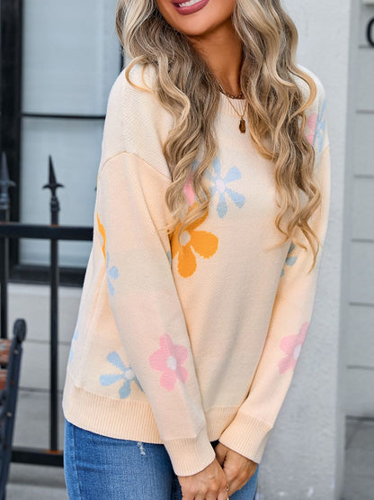 Angel Wings Flower Round Neck Dropped Shoulder Sweater-Angel Casuals