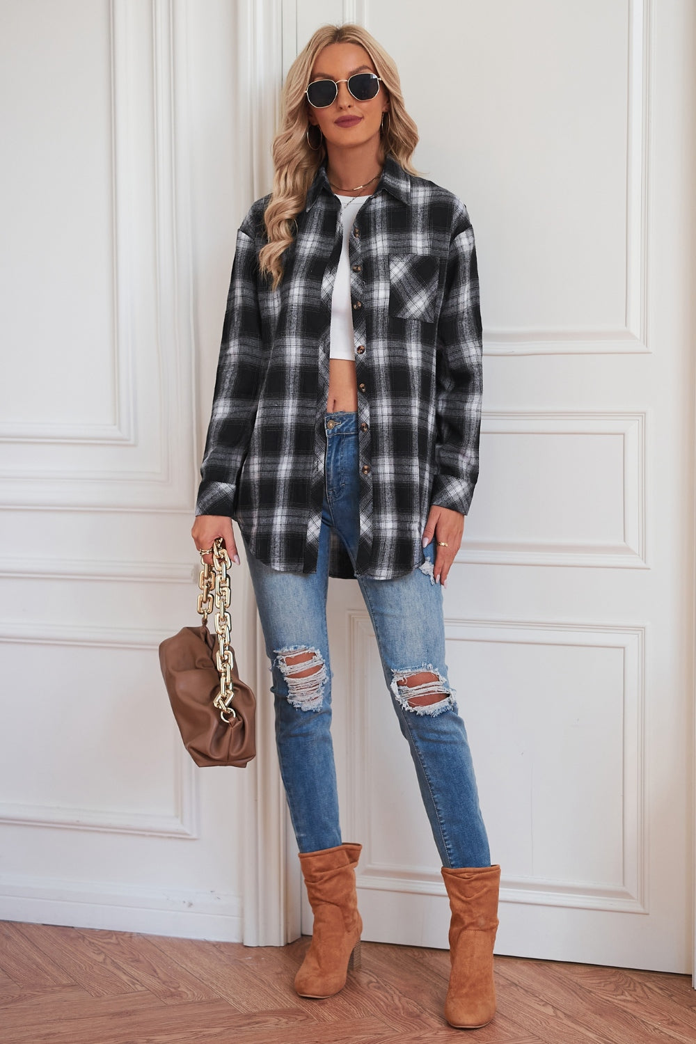 Plaid Button Up Dropped Shoulder Outerwear-Angel Casuals