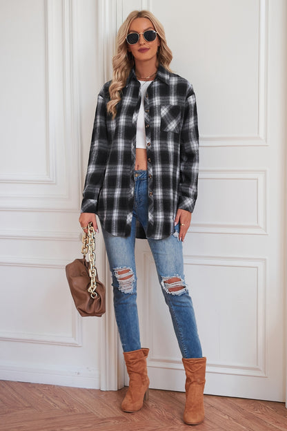 Plaid Button Up Dropped Shoulder Outerwear-Angel Casuals