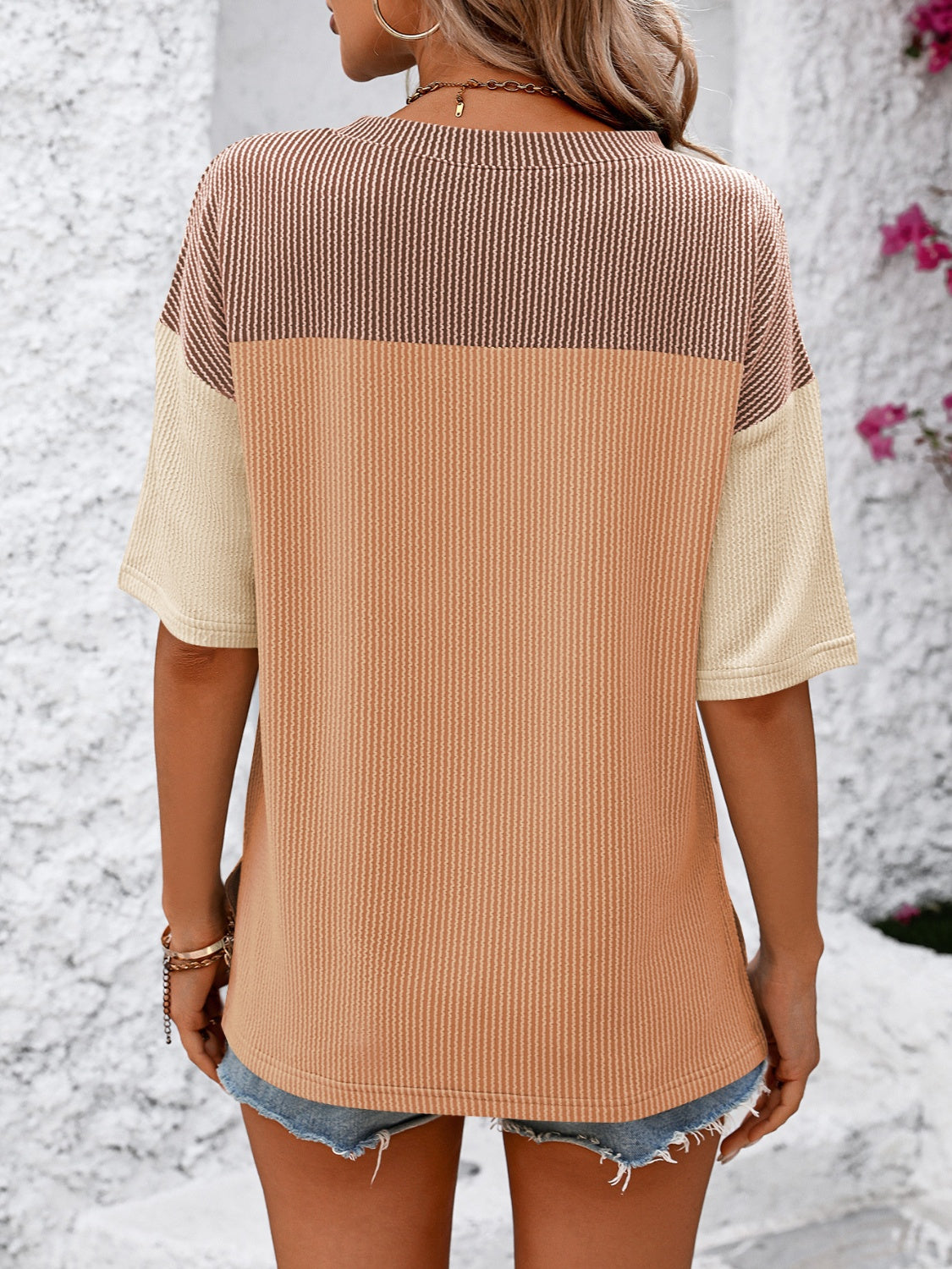 Color Block Round Neck Half Sleeve T-Shirt-Angel Casuals