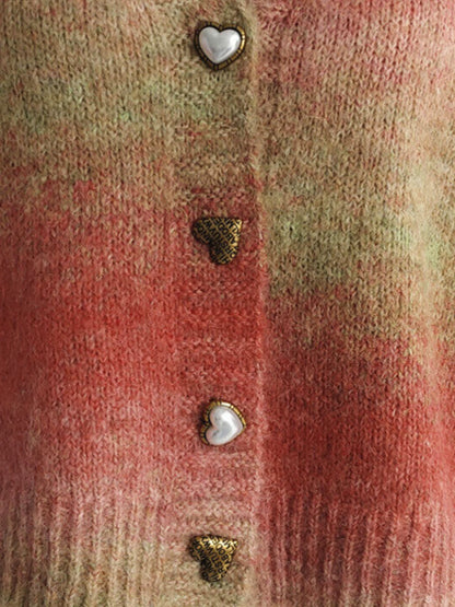 Gradient Heart Shape Button V-Neck Cardigan-Angel Casuals