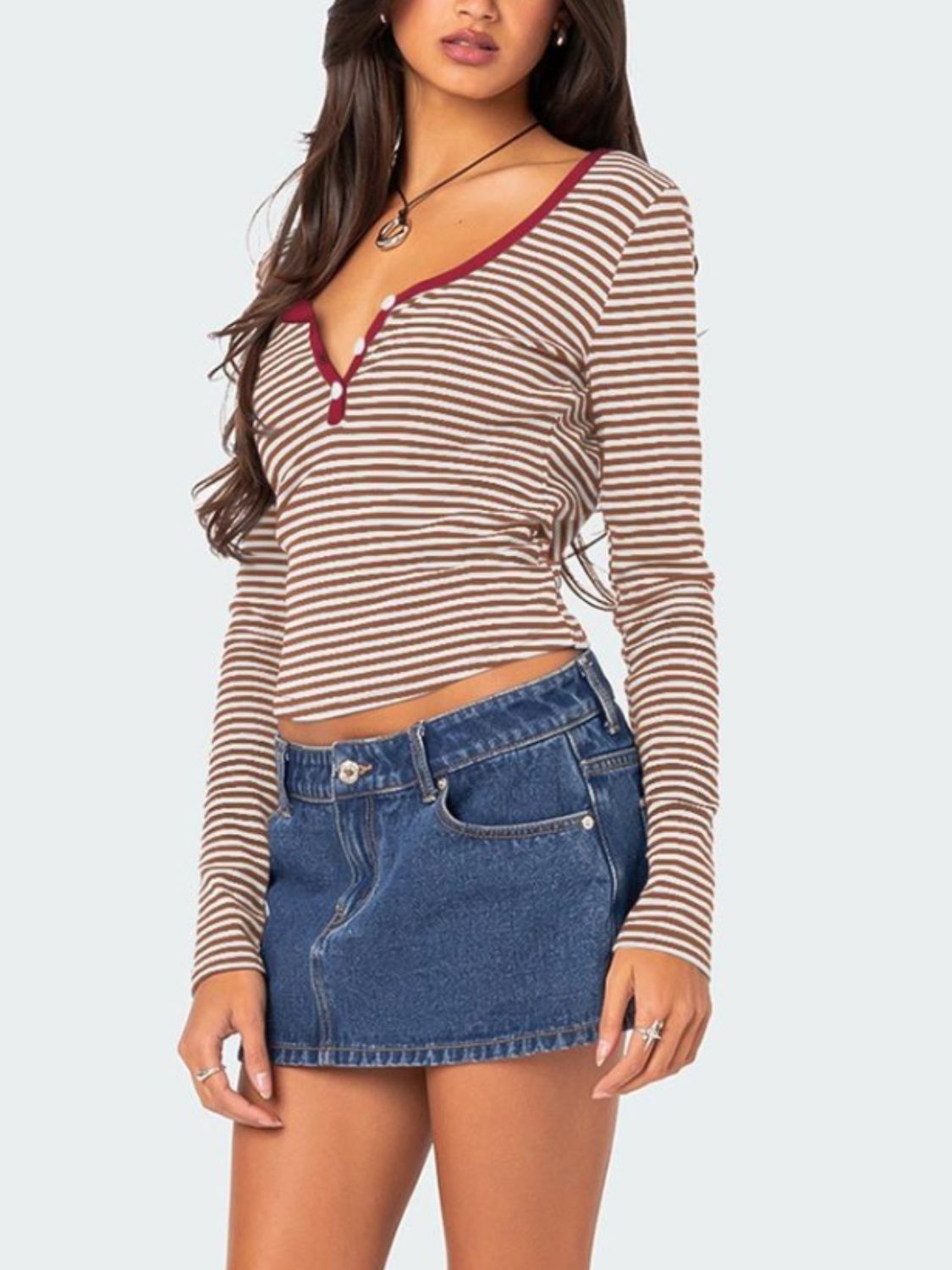 Buttoned Striped Long Sleeve T-Shirt-Angel Casuals
