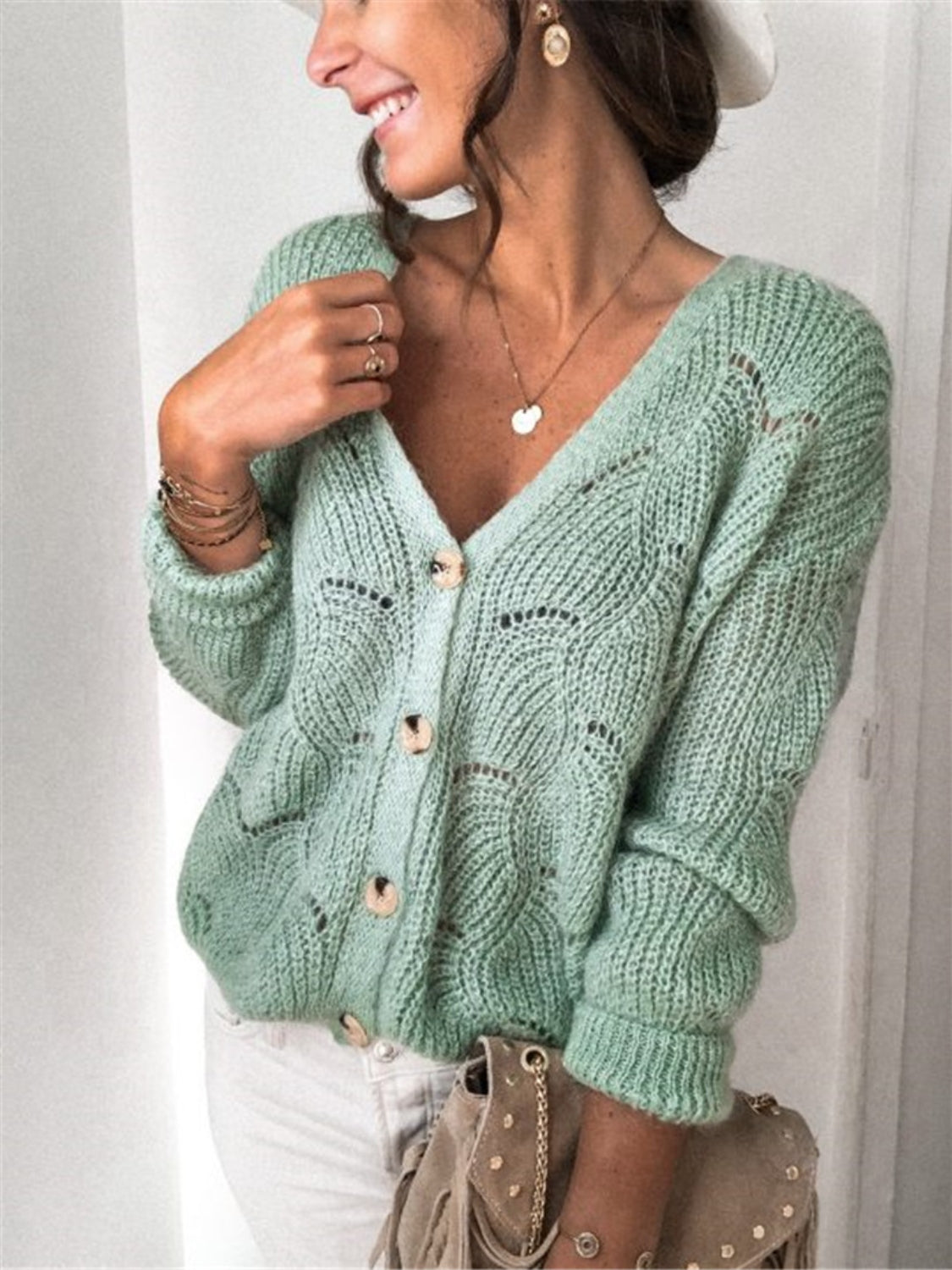 Openwork Button Up Long Sleeve Cardigan-Angel Casuals