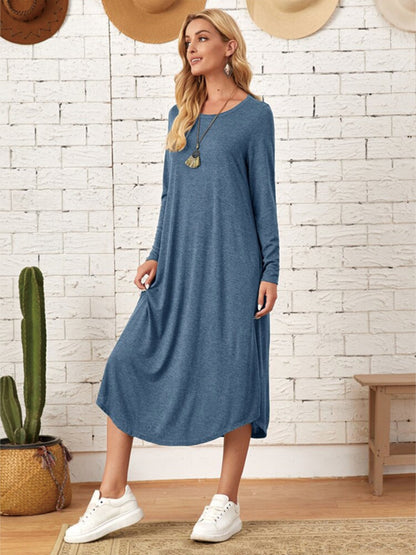 Pocketed Round Neck Long Sleeve Tee Dress-Angel Casuals