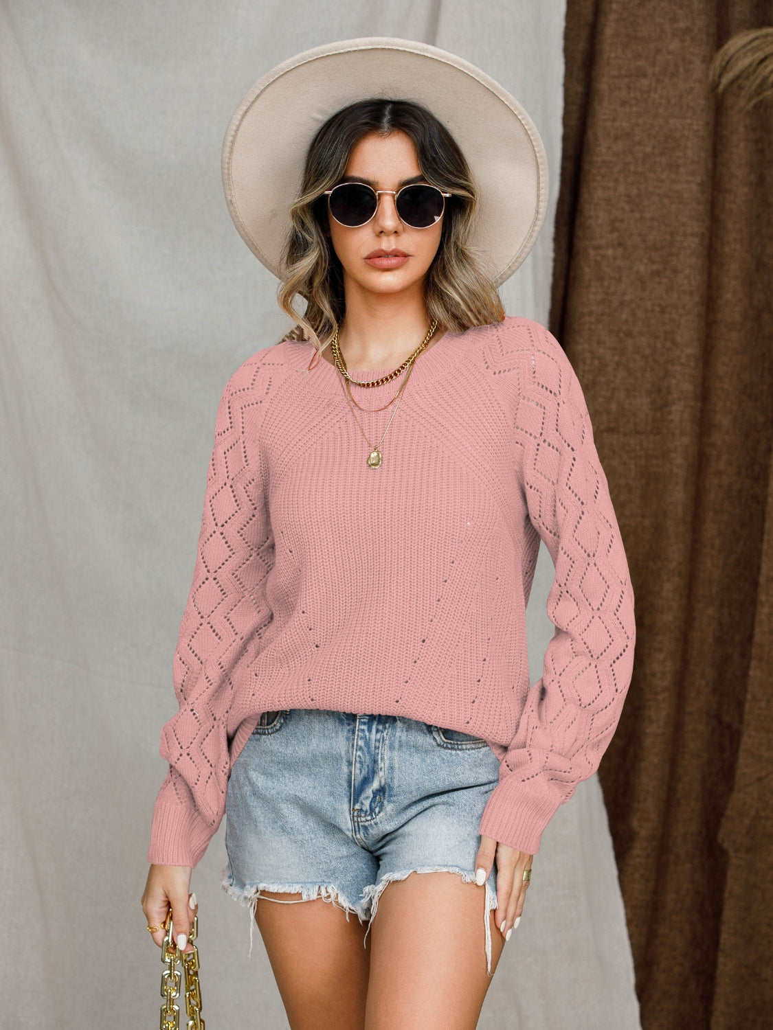 Openwork Round Neck Raglan Sleeve Sweater-Angel Casuals