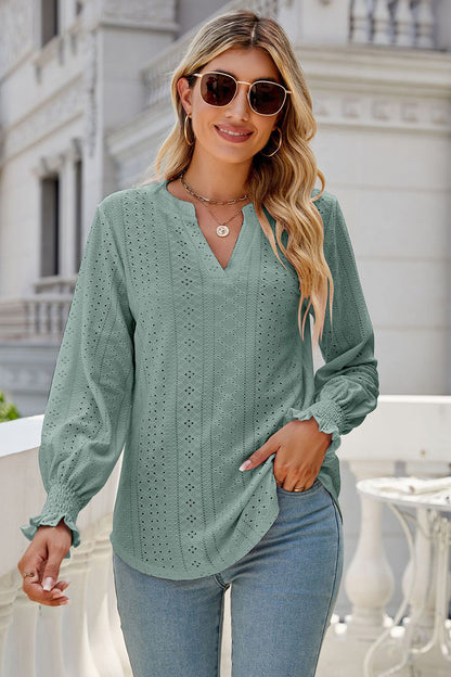 Eyelet Notched Lantern Sleeve T-Shirt-Angel Casuals