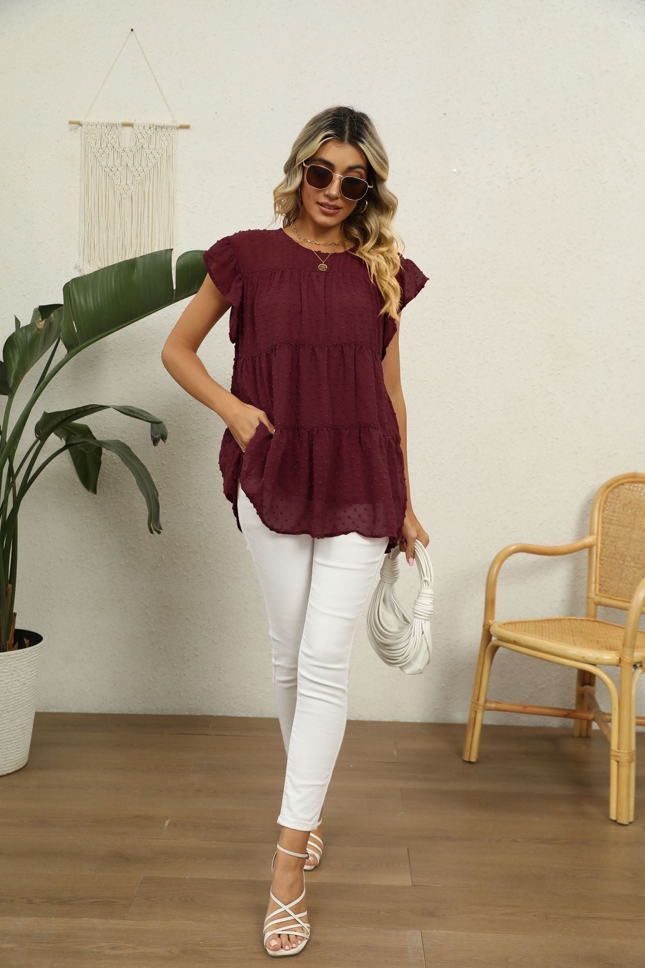 Swiss Dot Round Neck Tiered Blouse-Angel Casuals