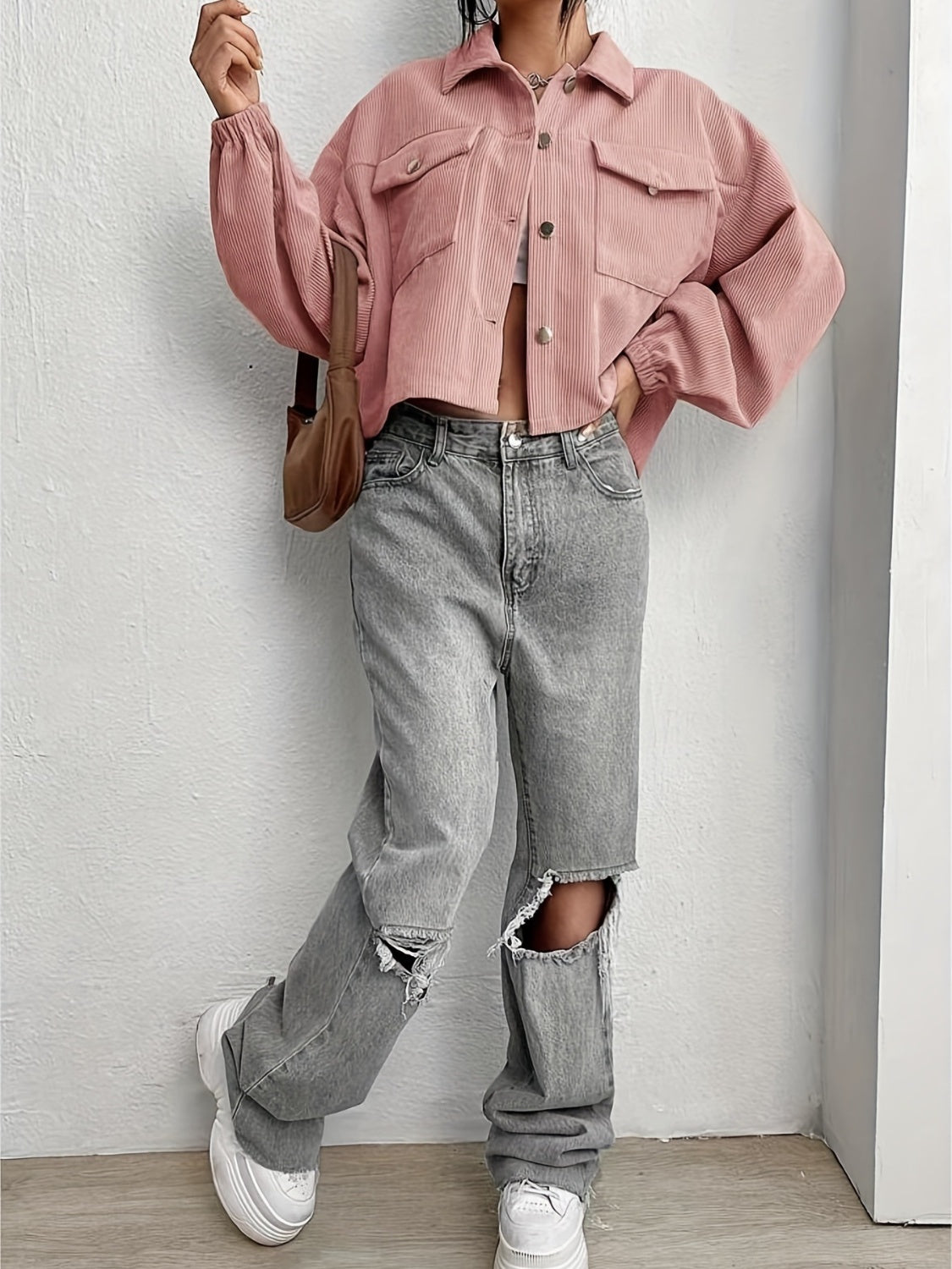 Collared Neck Dropped Shoulder Jacket-Angel Casuals
