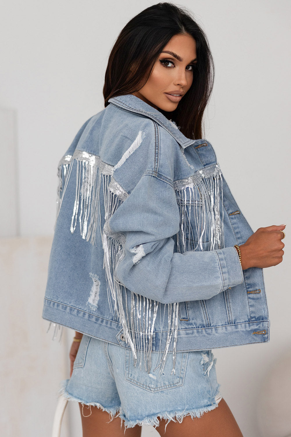 Sequin Fringe Trim Distressed Button Up Denim Jacket-Angel Casuals