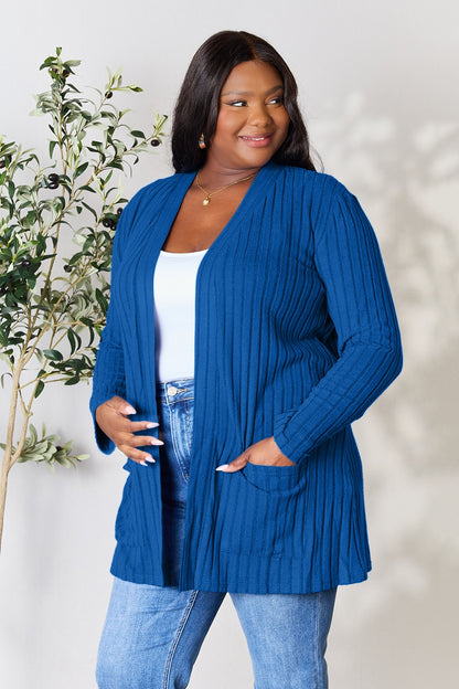 Basic Bae Full Size Ribbed Open Front Cardigan with Pockets-Angel Casuals