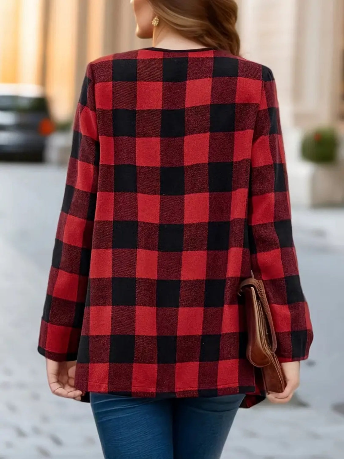 Plaid Open Front Long Sleeve Jacket-Angel Casuals