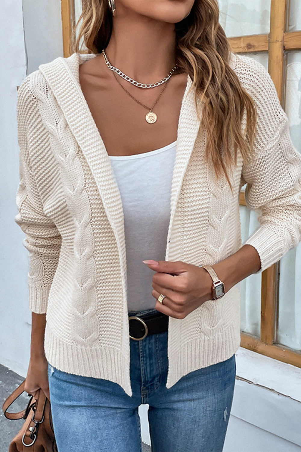 Cable-Knit Dropped Shoulder Hooded Cardigan-Angel Casuals