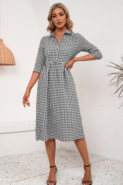 Plaid Collared Neck Midi Dress-Angel Casuals