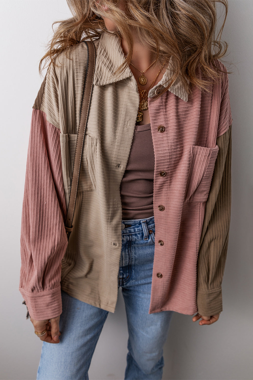 Button Up Color Block Long Sleeve Shacket-Angel Casuals