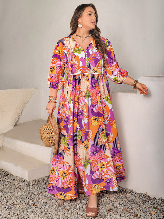 Plus Size Printed Tie Neck Maxi Dress-Angel Casuals