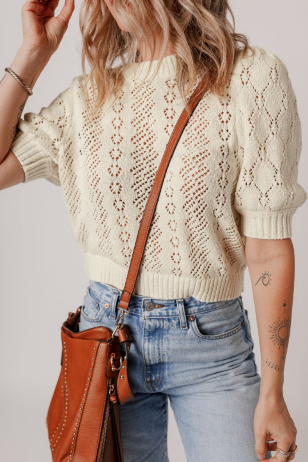 Hollowed Round Neck Half Sleeve Sweater-Angel Casuals