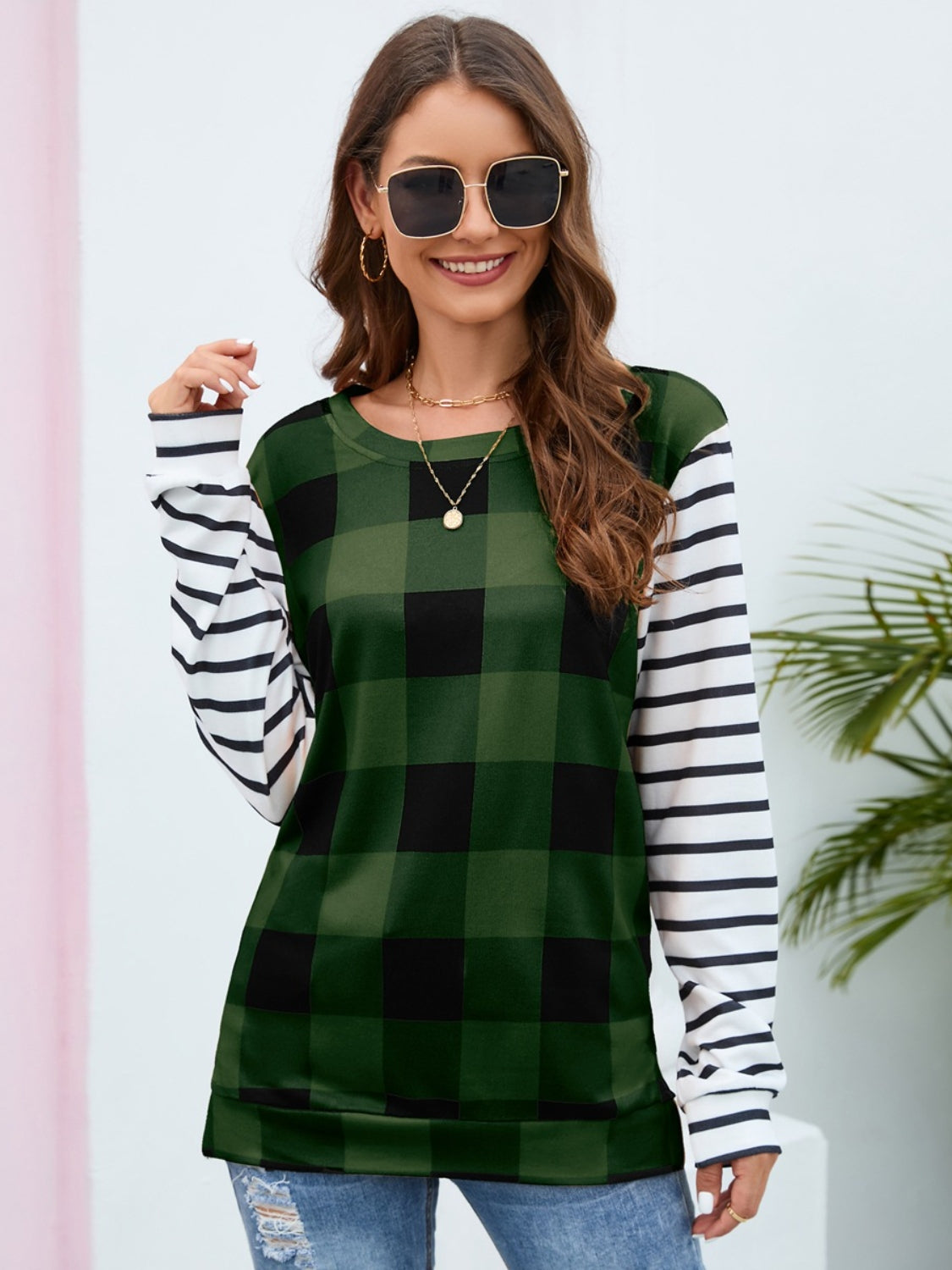 Plaid Striped Round Neck Long Sleeve T-Shirt-Angel Casuals