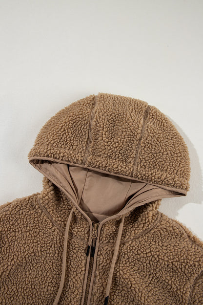 Drawstring Fleece Zip Up Hooded Jacket-Angel Casuals