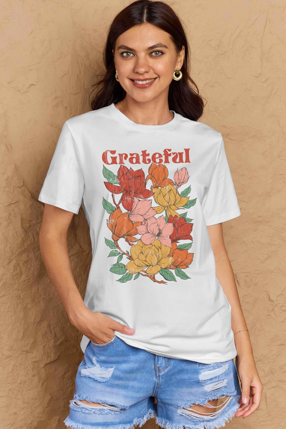 Simply Love Full Size GRATEFUL Flower Graphic Cotton T-Shirt-Angel Casuals