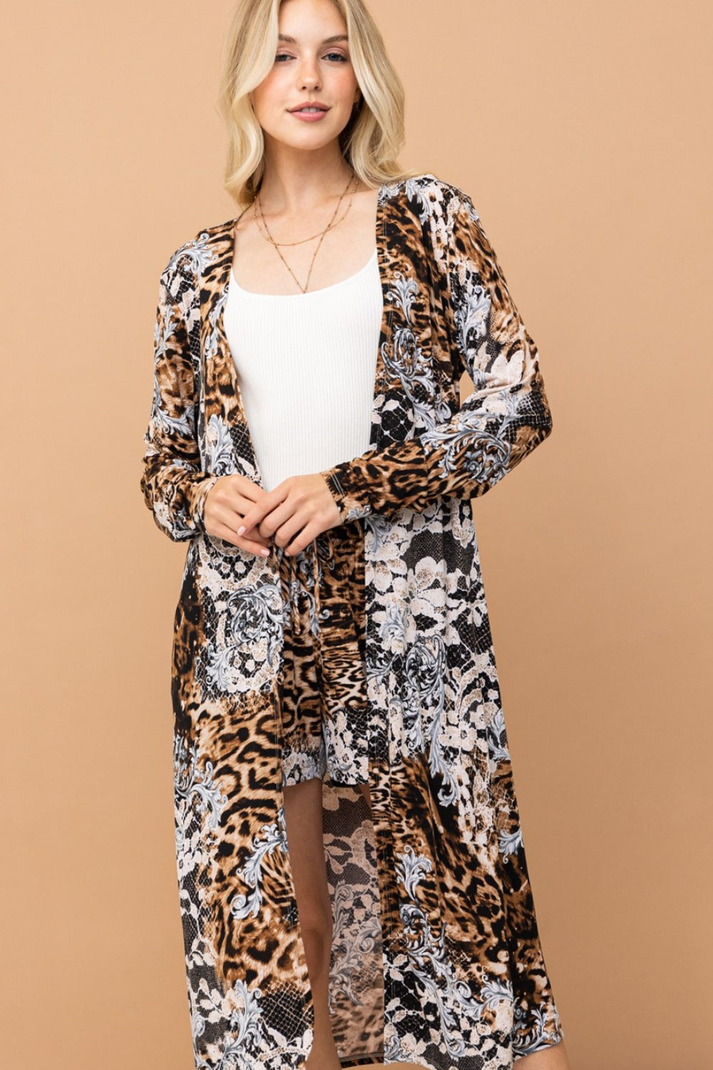 And The Why Leopard Kimono Open Front Longline Cardigan-Angel Casuals