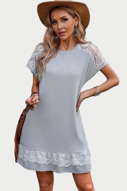 Lace Detail Round Neck Short Sleeve Dress-Angel Casuals