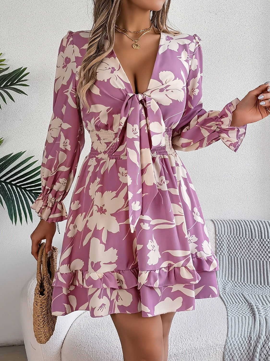 Tied Ruffled Printed Long Sleeve Dress-Angel Casuals