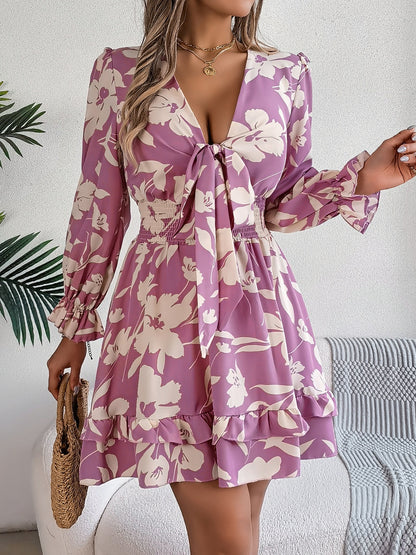 Tied Ruffled Printed Long Sleeve Dress-Angel Casuals